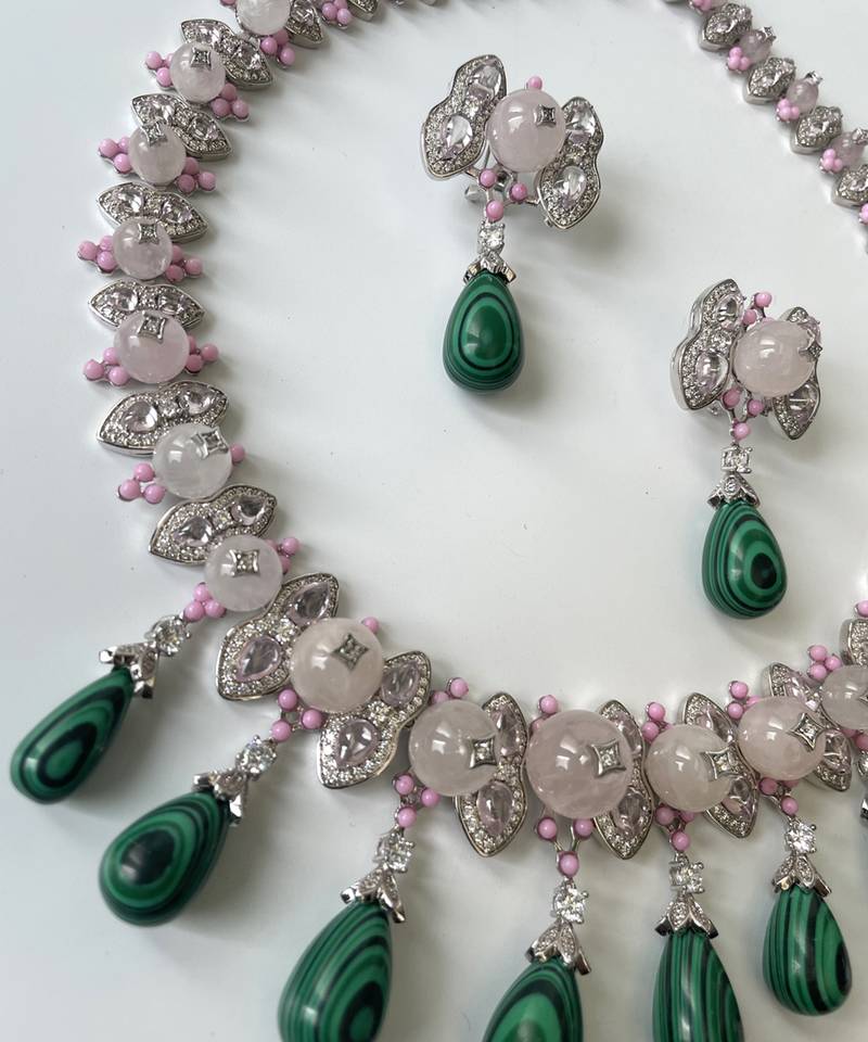 Silver plated Emerald Pearl necklace set