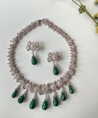 Silver plated Emerald Pearl necklace set 1