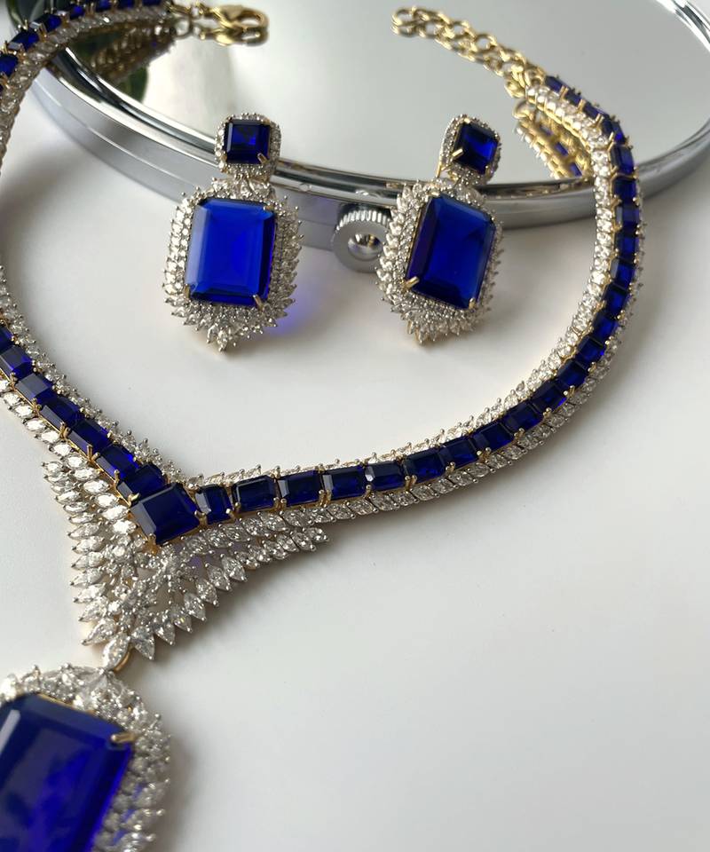 Silver plated blue stone necklace set