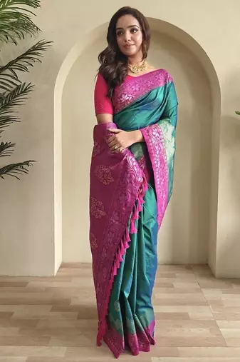 Emerald Green Dual Tone silk blend Saree