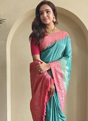 Turquoise Blue Dual Tone silk blend Saree 1