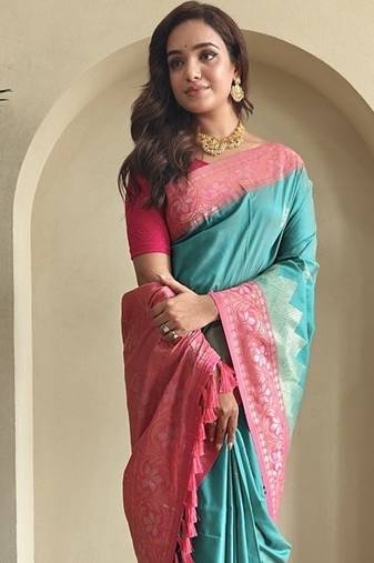 Turquoise Blue Dual Tone silk blend Saree