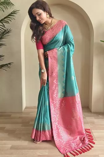 Turquoise Blue Dual Tone silk blend Saree