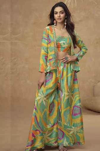 Lime green chinon silk digital print western suit
