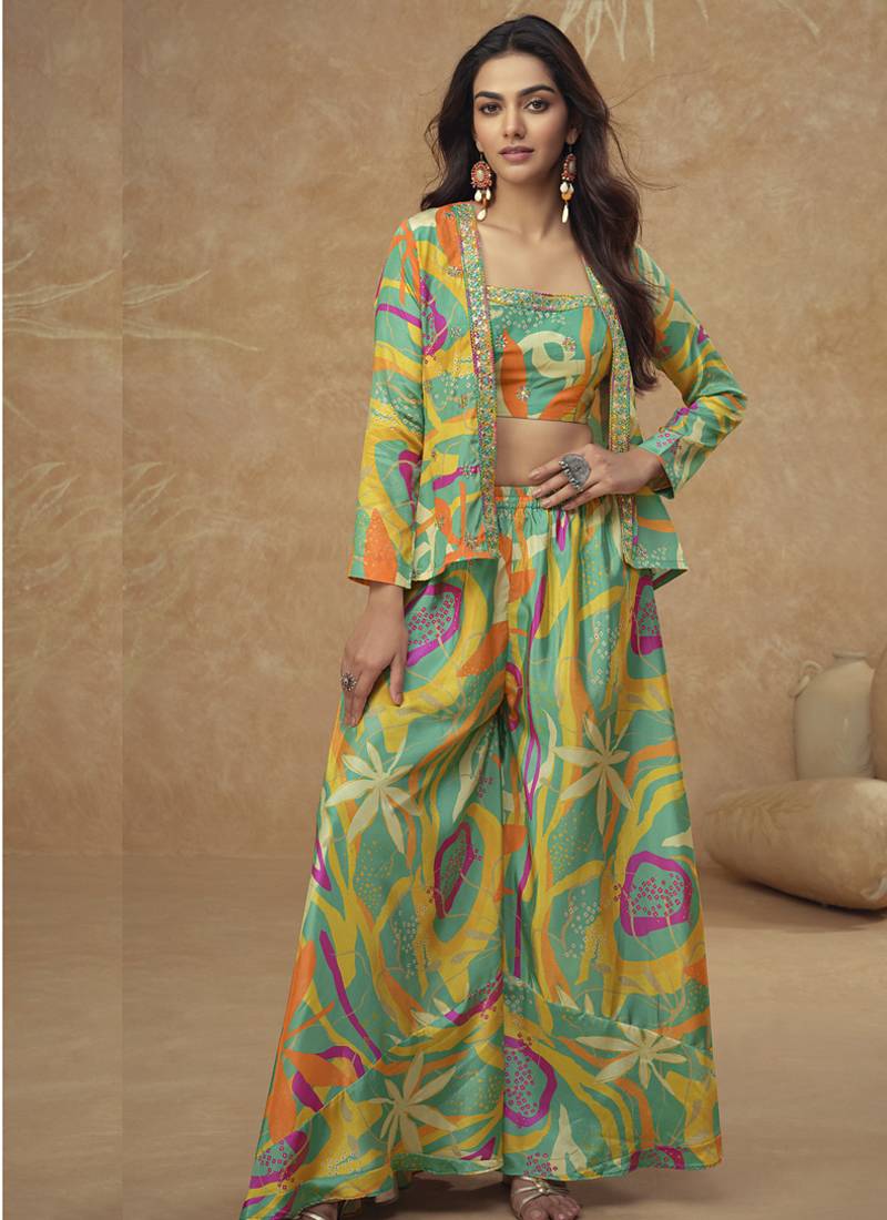 Lime green chinon silk digital print western suit