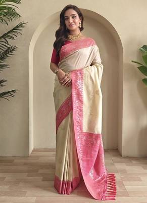 Cream Dual Tone silk blend Saree 1
