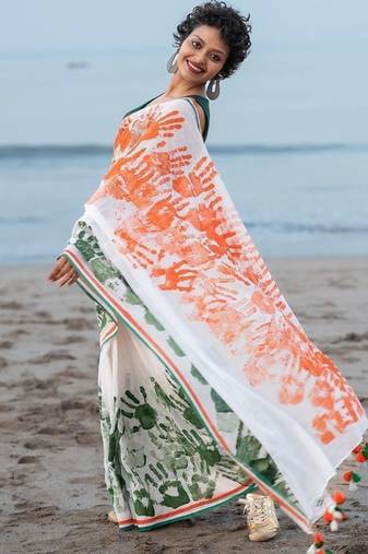 Independence Day Tricolor Handprint Cotton Saree