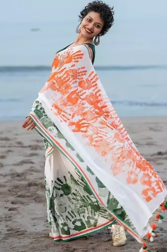 Independence Day Tricolor Handprint Georgette Saree