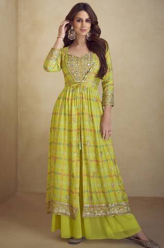 Yellow chinon silk digital print western suit