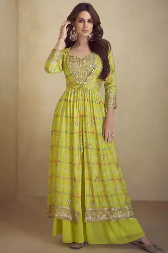 Yellow chinon silk digital print western suit