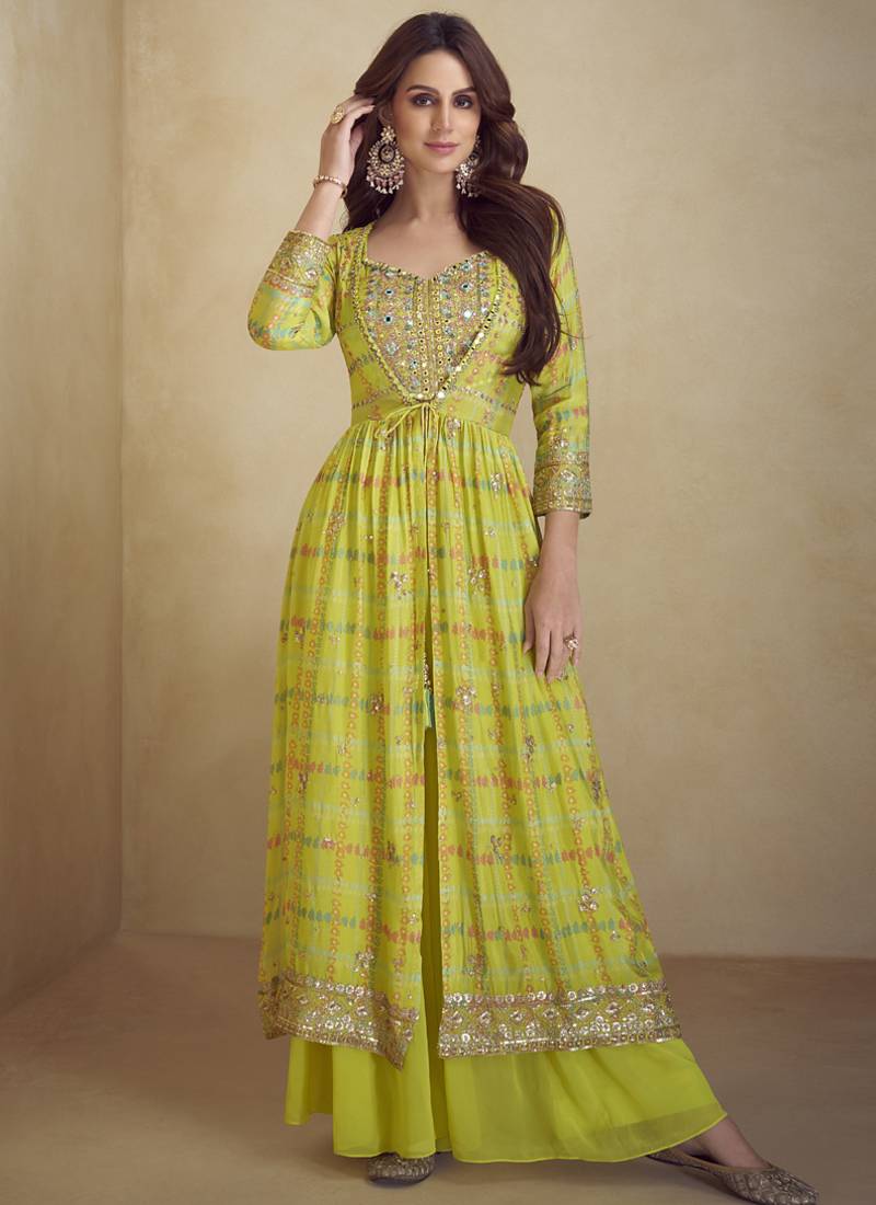 Yellow chinon silk digital print western suit