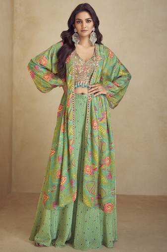 Lime green chinon silk digital print western suit