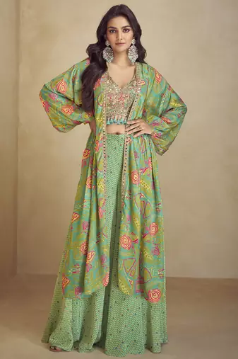 Lime green chinon silk digital print western suit