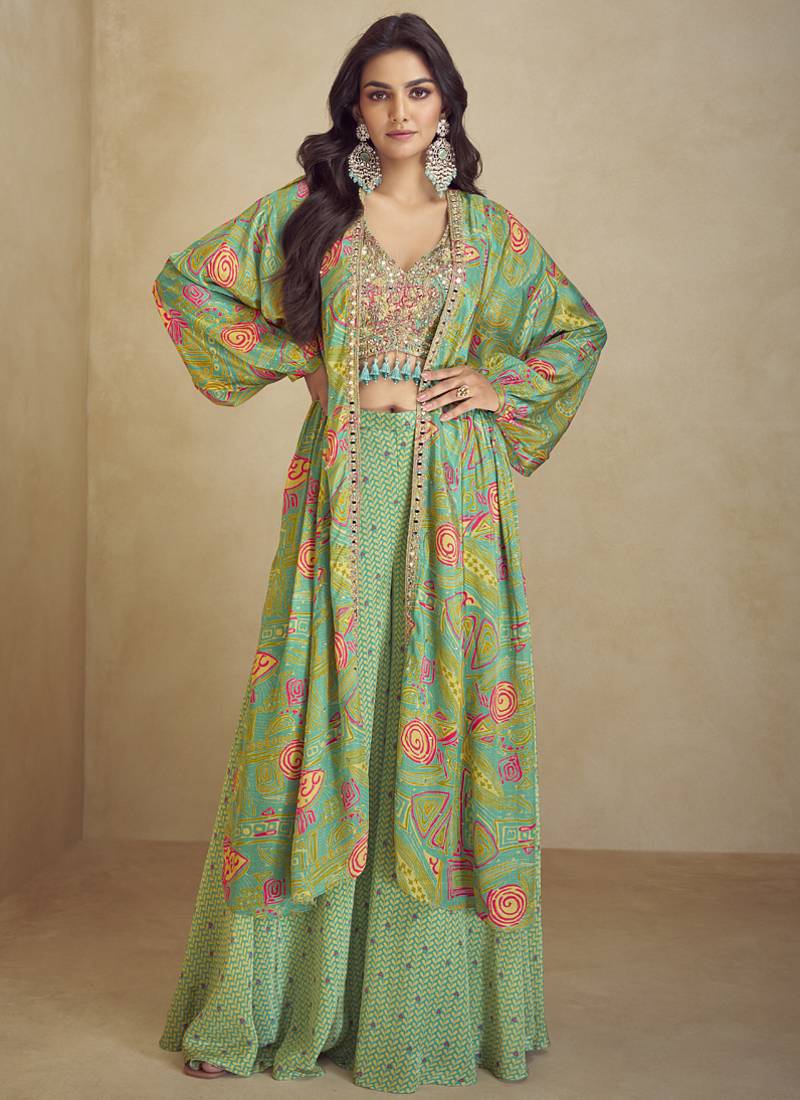 Lime green chinon silk digital print western suit