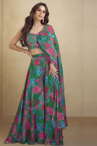 Green chinon silk digital print western suit