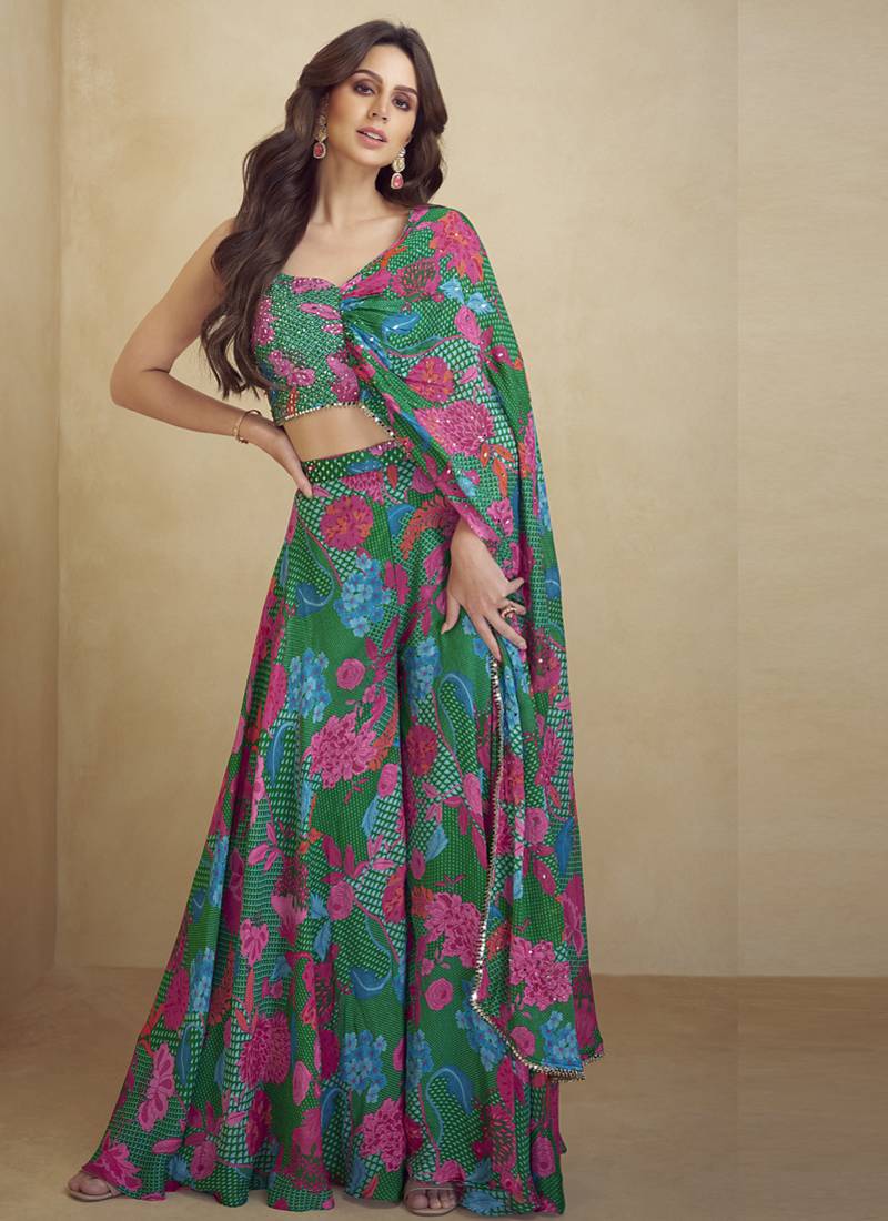 Green chinon silk digital print western suit