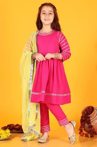 Festive Cotton Anarkali Suit Set with Gota Work - Round Neck, Full Sleeves