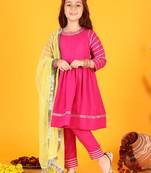 Festive Cotton Anarkali Suit Set with Gota Work - Round Neck, Full Sleeves
