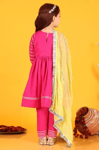 Festive Cotton Anarkali Suit Set with Gota Work - Round Neck, Full Sleeves