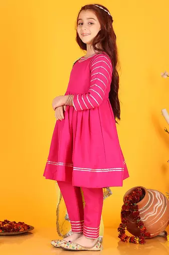 Festive Cotton Anarkali Suit Set with Gota Work - Round Neck, Full Sleeves