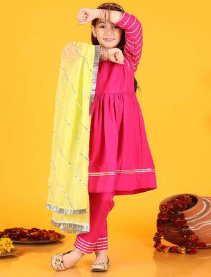 Festive Cotton Anarkali Suit Set with Gota Work - Round Neck, Full Sleeves 4