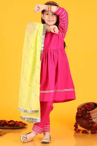Festive Cotton Anarkali Suit Set with Gota Work - Round Neck, Full Sleeves