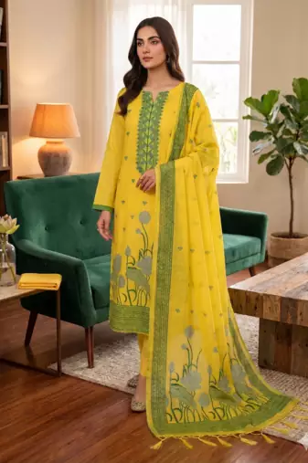 Yellow muga cotton with jamdani weaving work unstitched suit