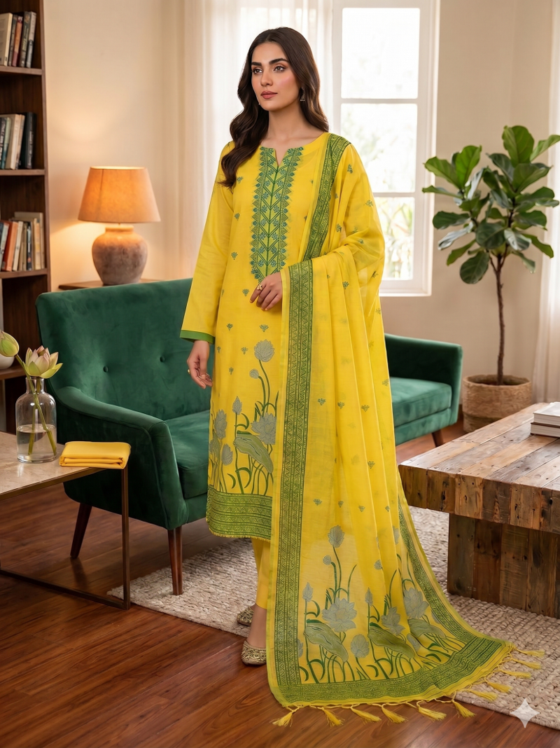 Yellow muga cotton with jamdani weaving work unstitched suit