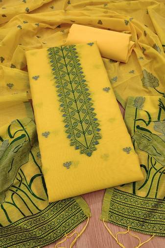 Yellow muga cotton with jamdani weaving work unstitched suit