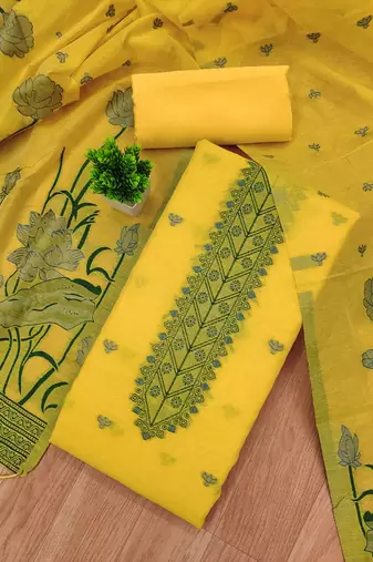Yellow muga cotton with jamdani weaving work unstitched suit