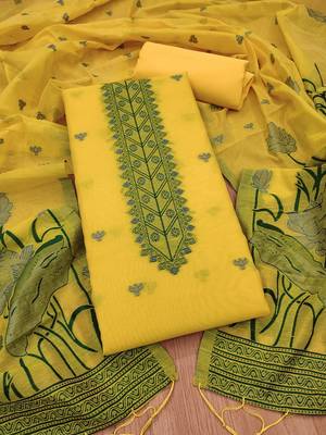 Yellow muga cotton with jamdani weaving work unstitched suit 3