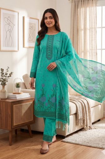 Seagreen muga cotton with jamdani weaving work unstitched suit