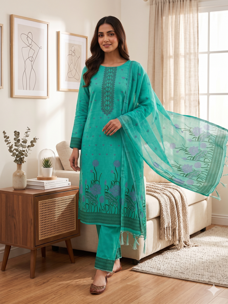 Seagreen muga cotton with jamdani weaving work unstitched suit