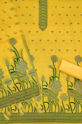 Yellow muga cotton with jamdani weaving work unstitched suit
