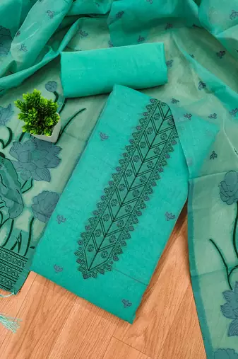 Seagreen muga cotton with jamdani weaving work unstitched suit
