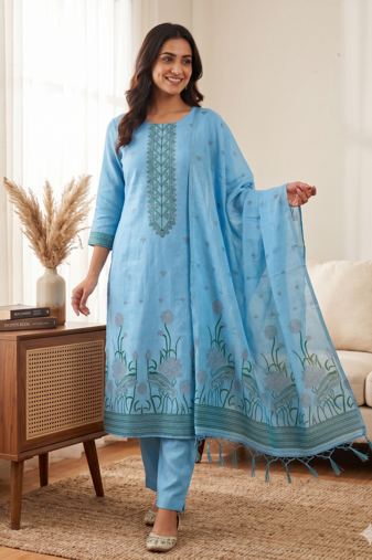 Skyblue muga cotton with jamdani weaving work unstitched suit