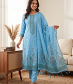 Skyblue muga cotton with jamdani weaving work unstitched suit