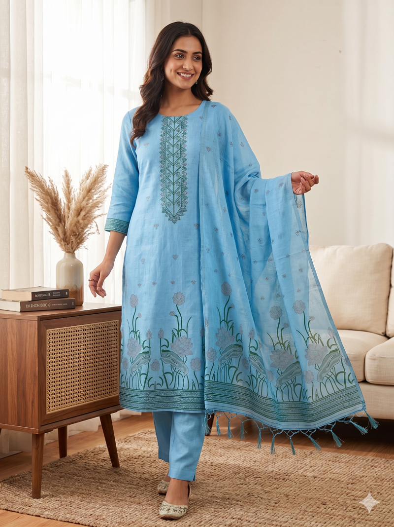 Skyblue muga cotton with jamdani weaving work unstitched suit