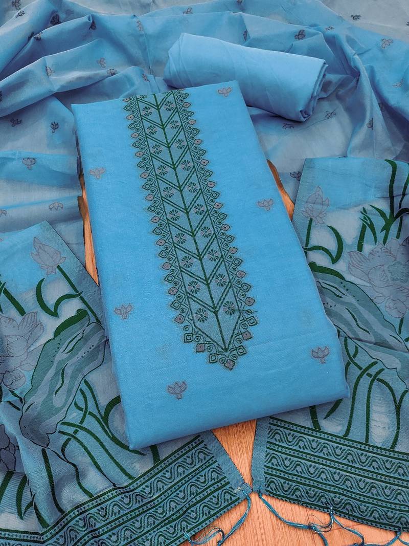 Skyblue muga cotton with jamdani weaving work unstitched suit