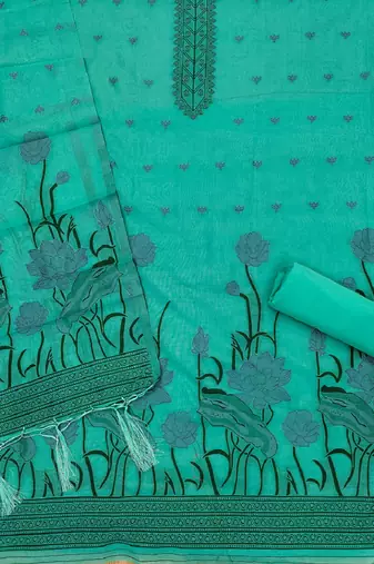 Seagreen muga cotton with jamdani weaving work unstitched suit