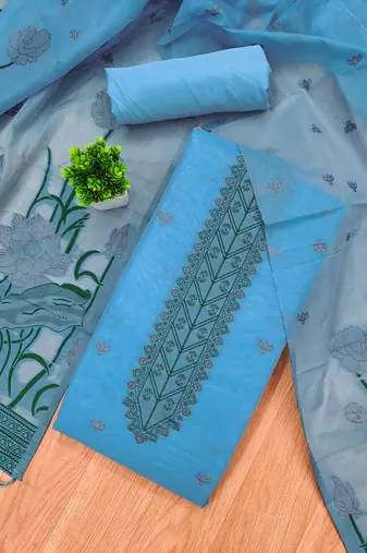 Skyblue muga cotton with jamdani weaving work unstitched suit