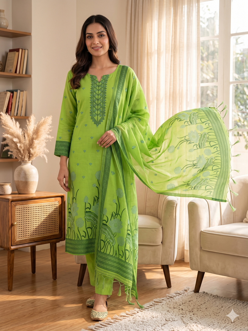 Pista muga cotton with jamdani weaving work unstitched suit