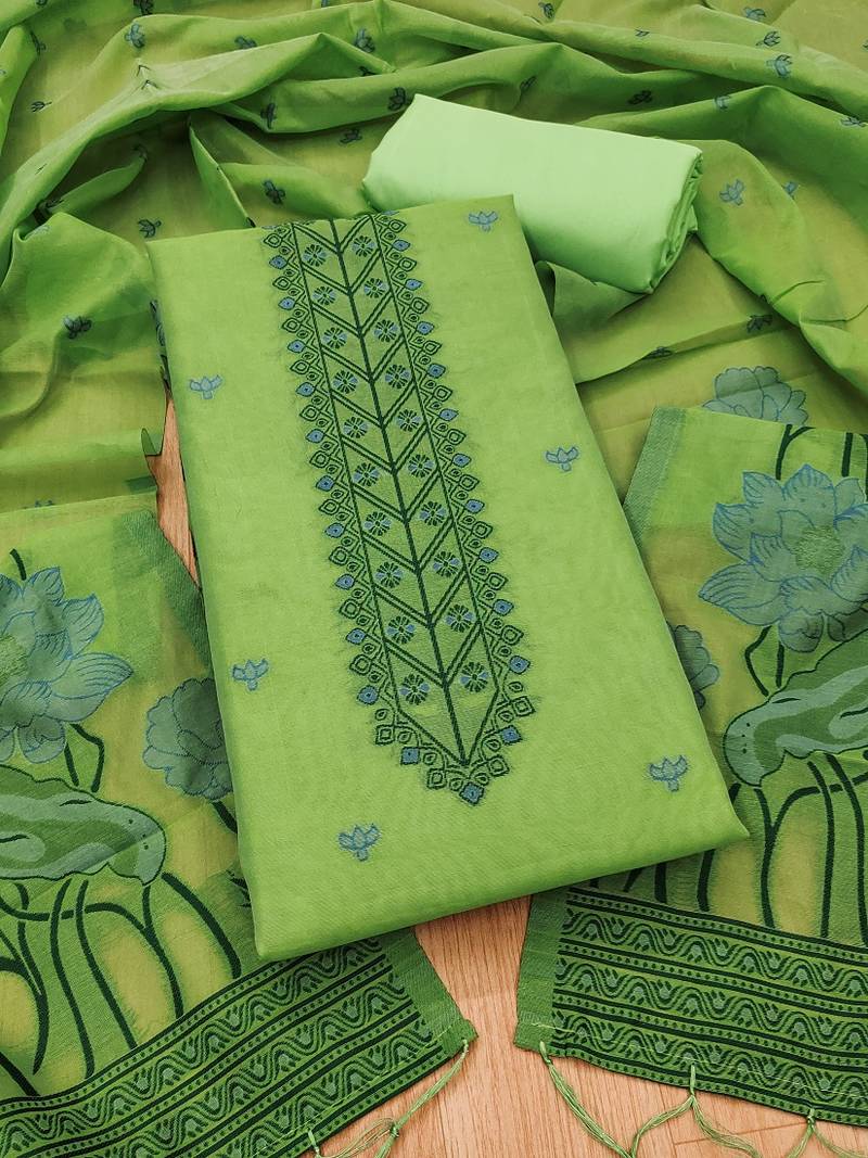 Pista muga cotton with jamdani weaving work unstitched suit