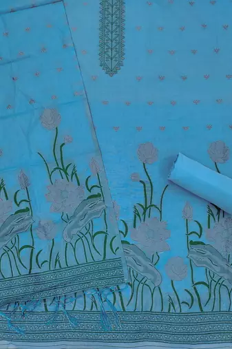 Skyblue muga cotton with jamdani weaving work unstitched suit