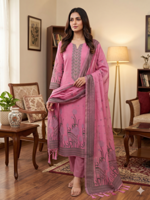 Pink muga cotton with jamdani weaving work unstitched suit 1