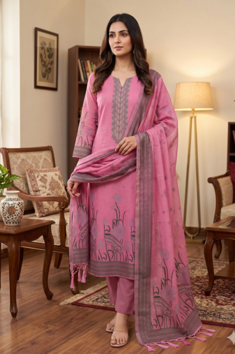 Pink muga cotton with jamdani weaving work unstitched suit