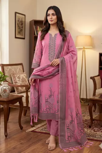 Pink muga cotton with jamdani weaving work unstitched suit