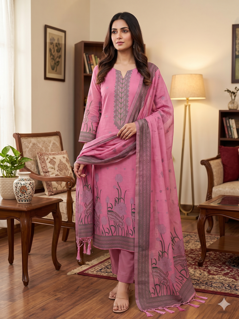 Pink muga cotton with jamdani weaving work unstitched suit