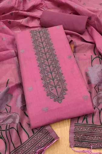 Pink muga cotton with jamdani weaving work unstitched suit