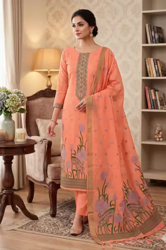 Peach muga cotton with jamdani weaving work suit